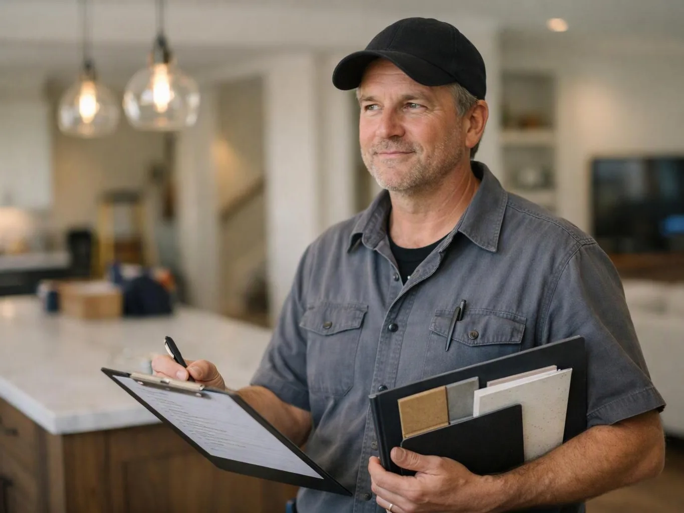 A man in a cap holds a clipboard and color samples in a bright kitchen or showroom