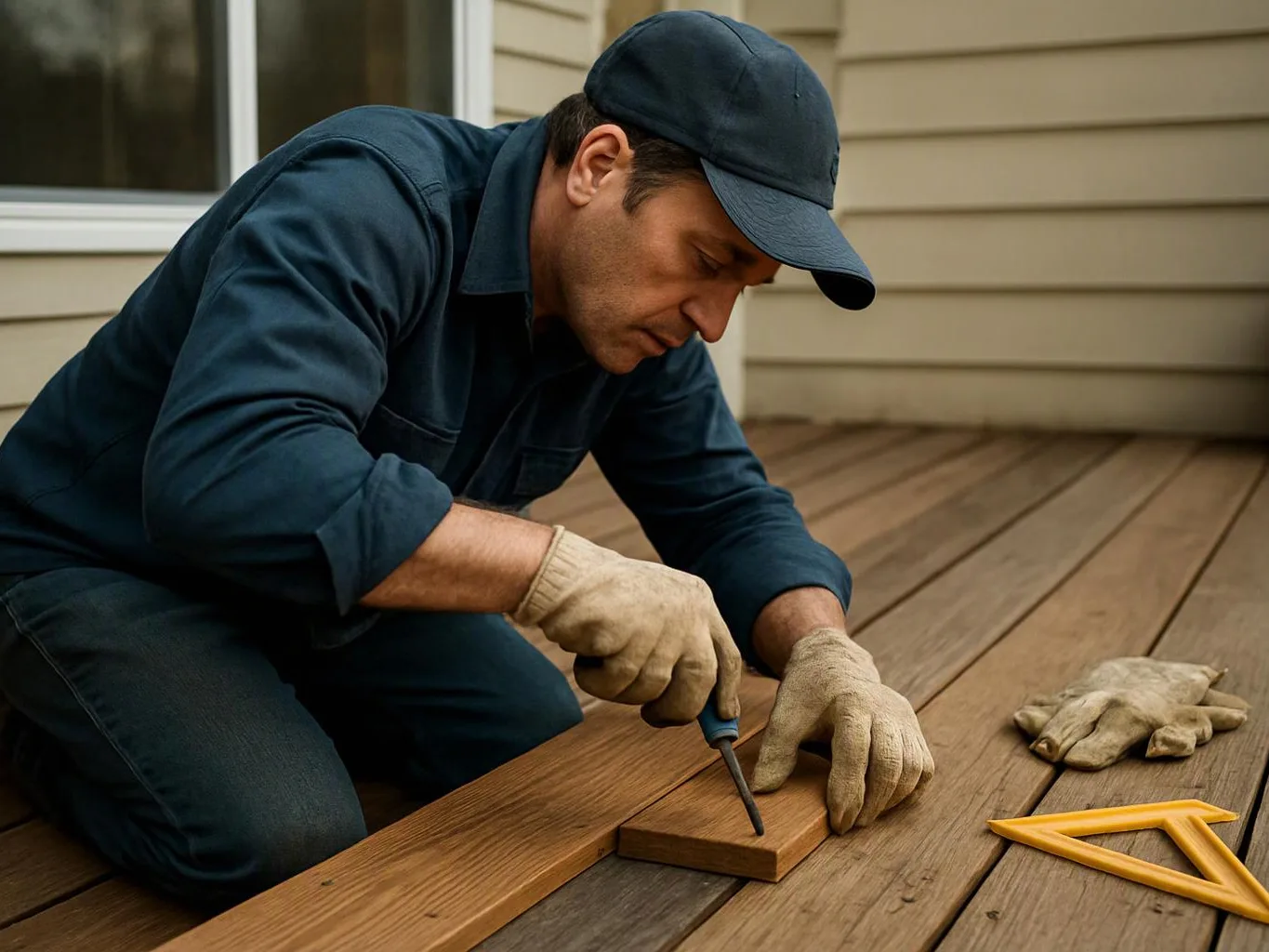 A man in a cap kneels on a wooden deck, chiseling a plank while work gloves and a square lie nearby