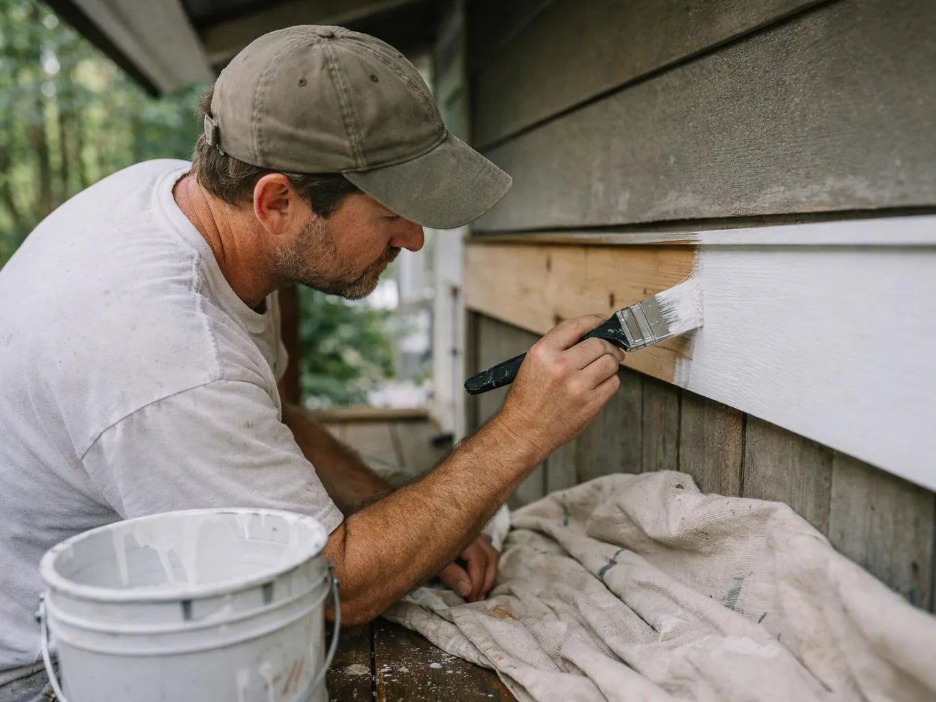 A man in a cap paints white siding on a house exterior with a brush, beside a paint bucket and drop cloth