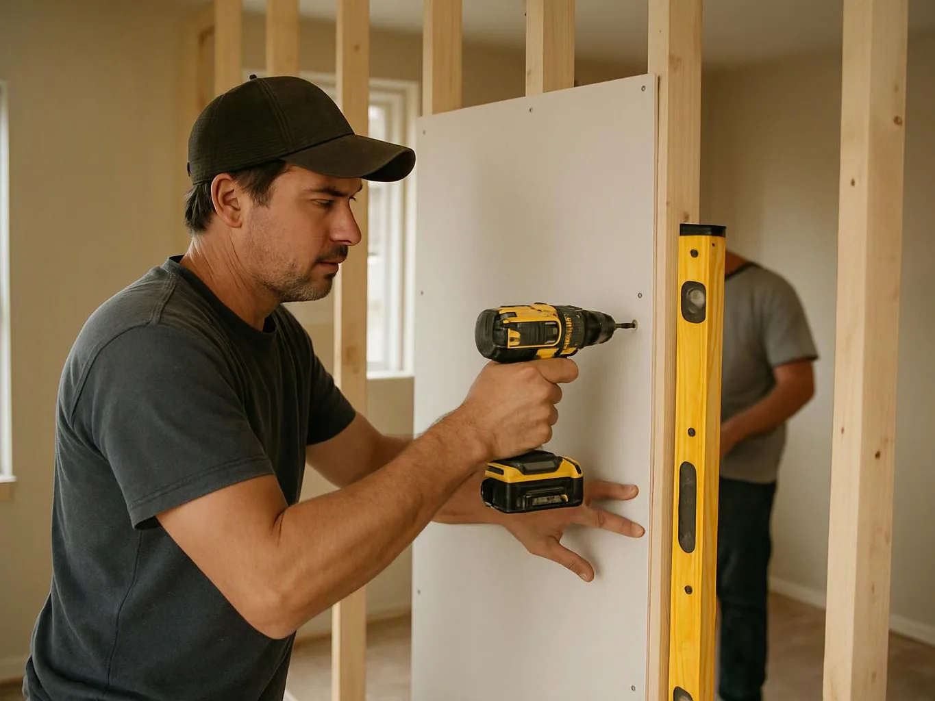 A man in a cap uses a drill to fasten a white board in an unfinished room