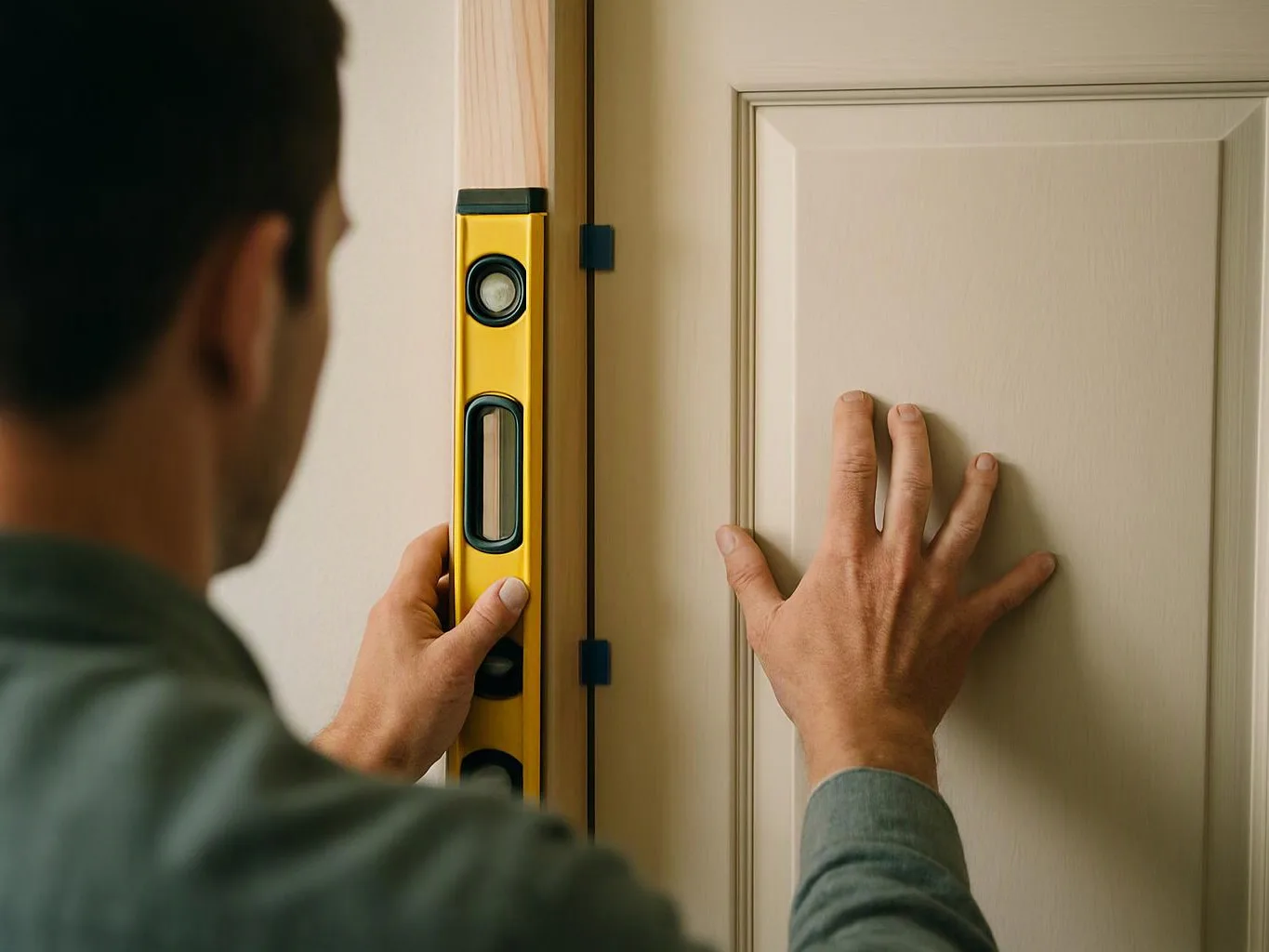 A man checks a beige door with a yellow level tool in a close-up indoor scene