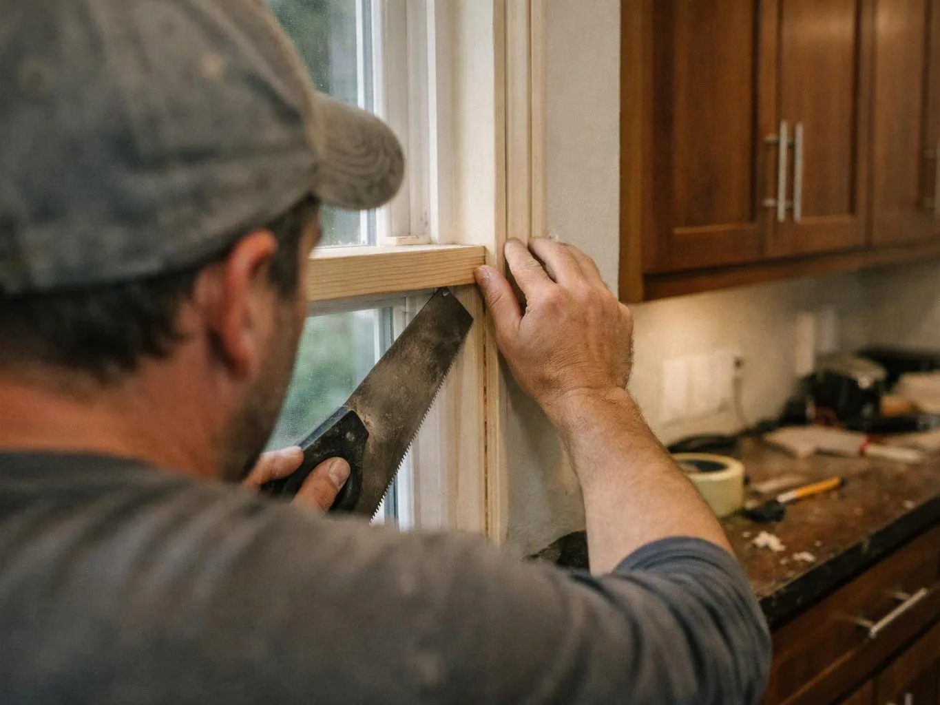 A man cuts a wooden window frame with a hand saw in a kitchen