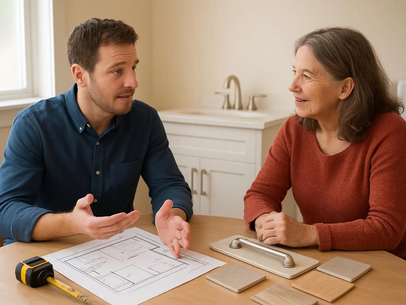 A man explains a floor plan to a smiling woman at a table with color samples and a tape measure