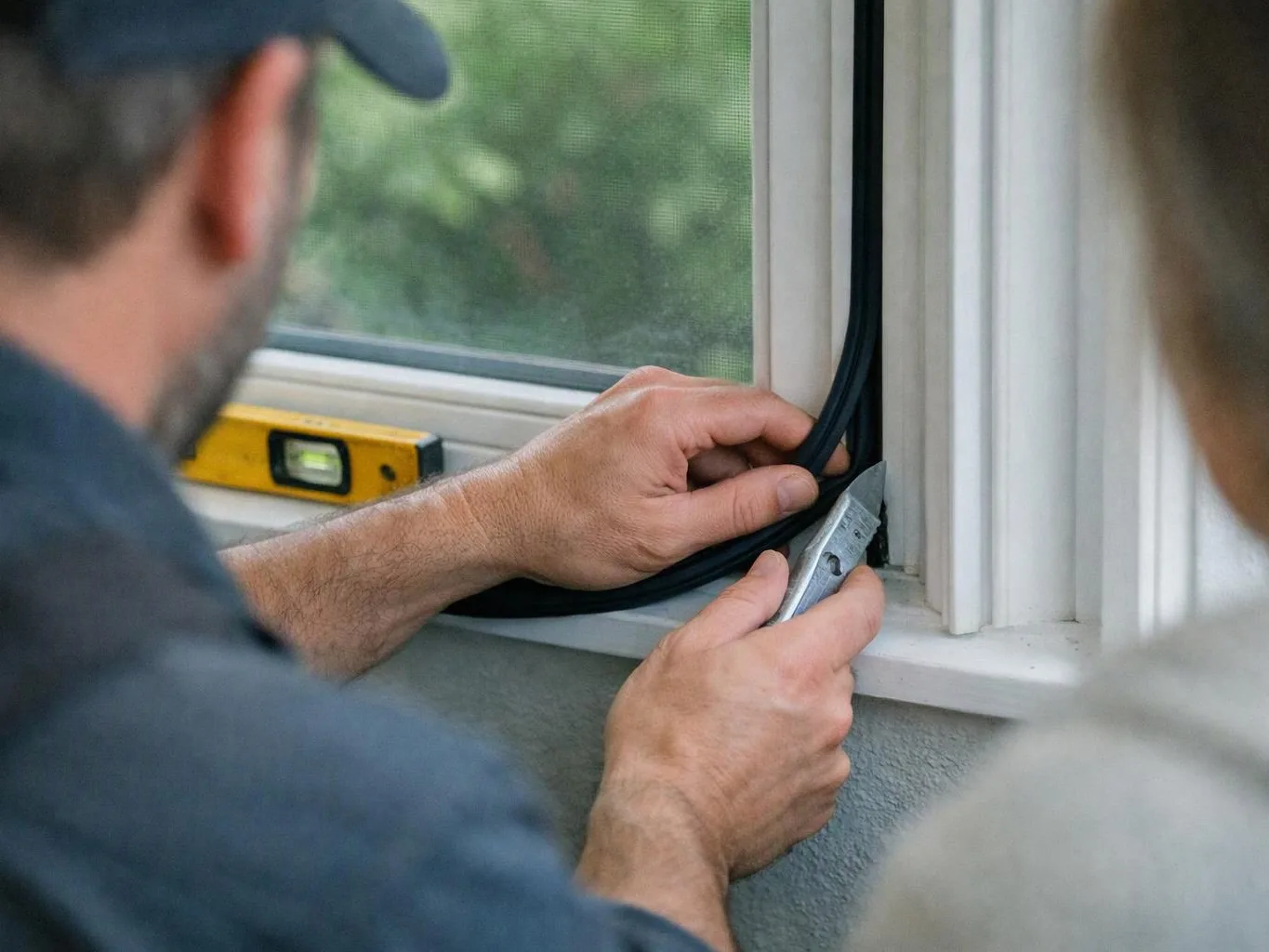 A man fits black weatherstripping into a white window frame with a utility knife and level