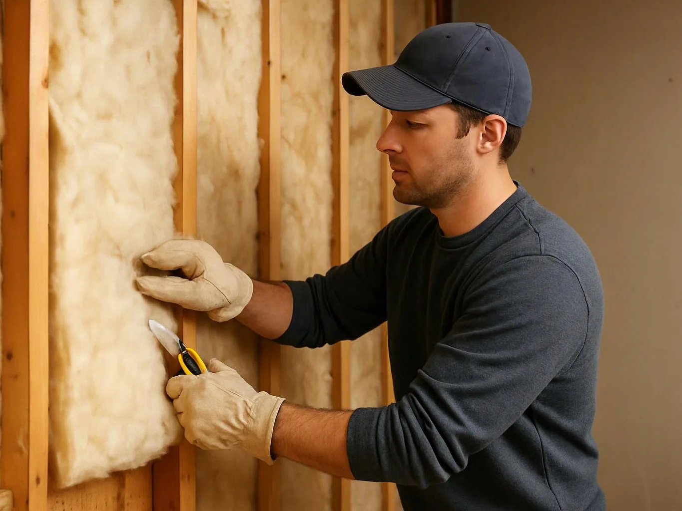 A man in gloves cuts insulation batts inside a framed wall during home construction