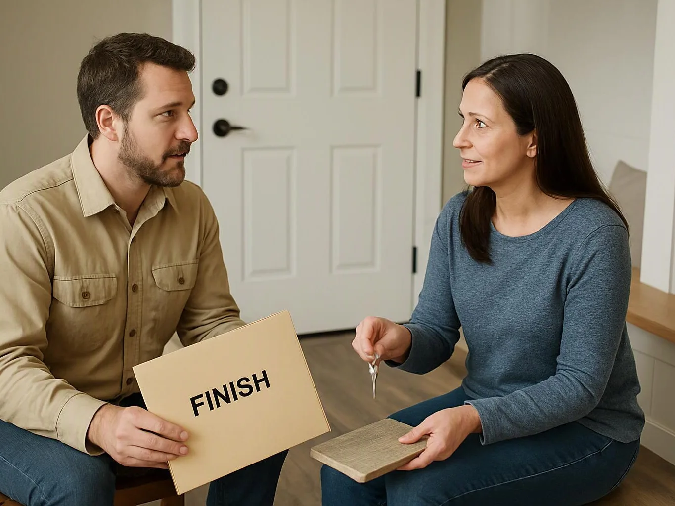 A man holds a card reading “FINISH” while a woman shows a key and a wood sample in a home interior