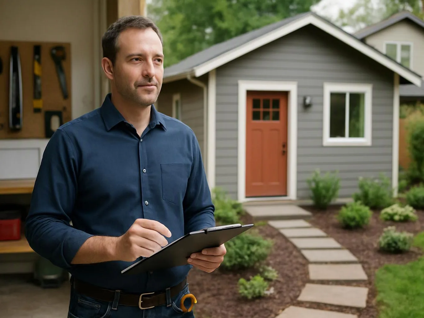 A man holds a clipboard beside a small gray house with a red door and stone path