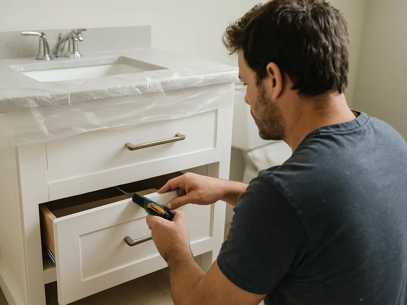 A man installs a bathroom drawer under a sink, holding a screwdriver beside a white cabinet wrapped in plastic