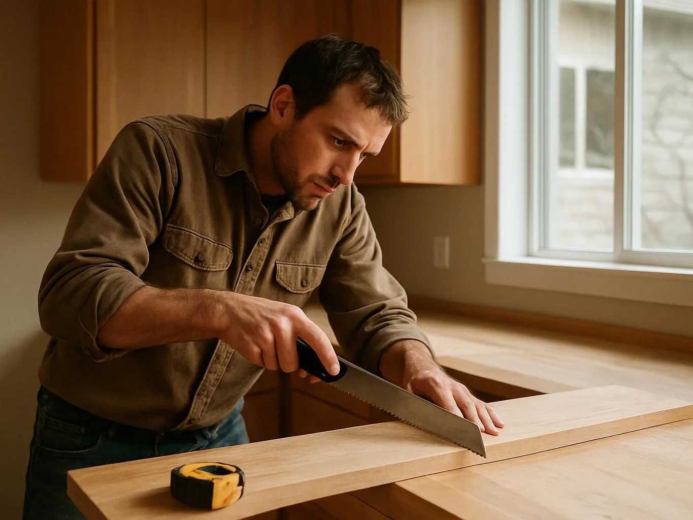 A man in a kitchen measures and cuts a wooden board near a bright window