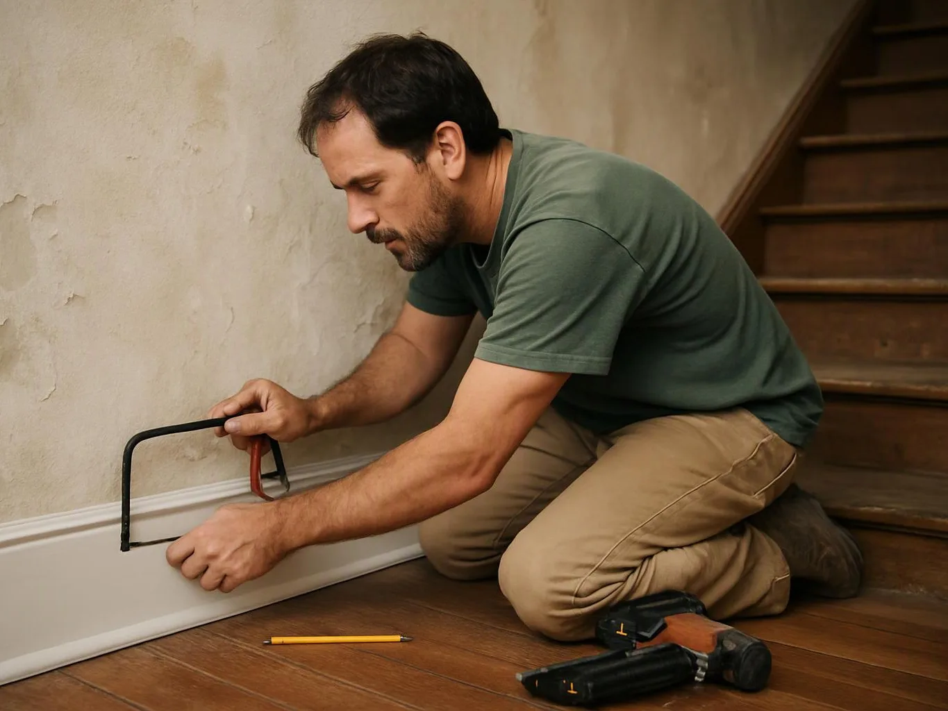 A man kneels beside a staircase, sawing a white baseboard in a worn hallway