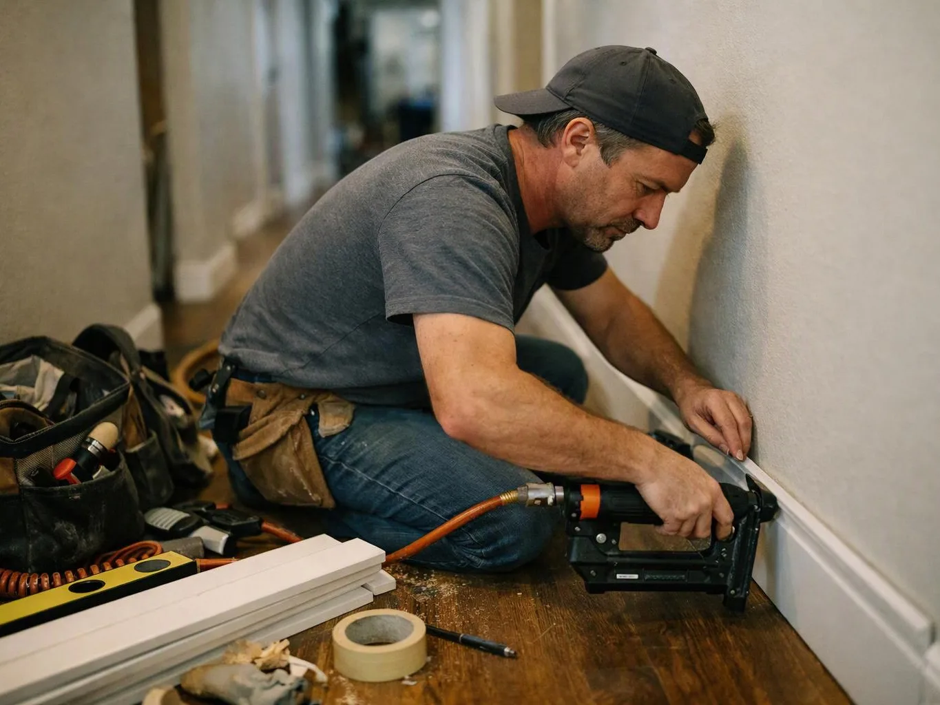 A man kneels on a hardwood floor, using a nail gun to install white baseboard along a wall