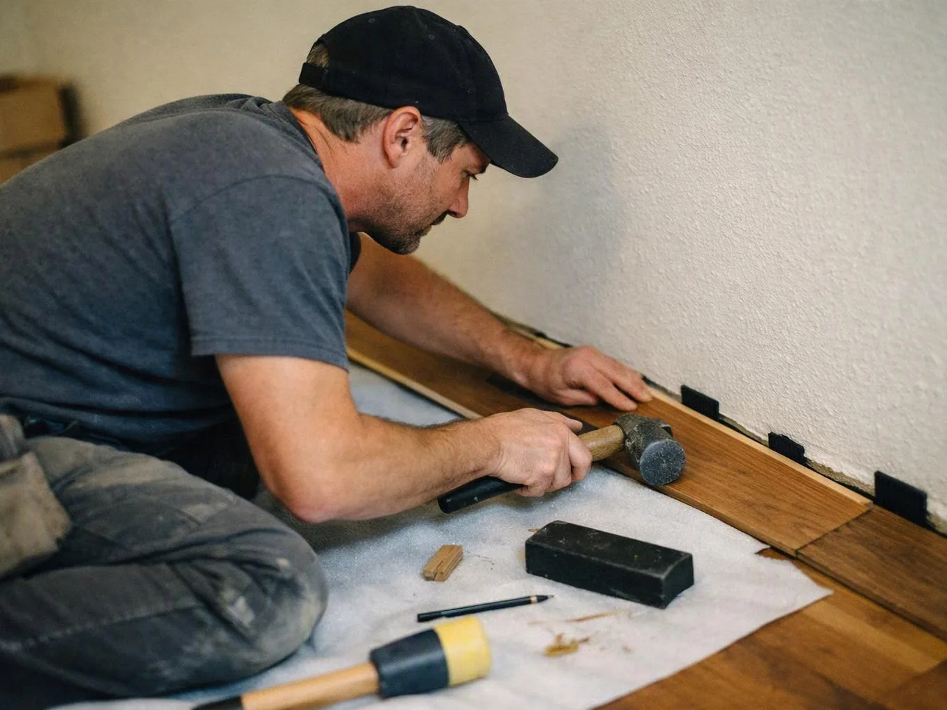A man kneels indoors, fitting wood flooring with a mallet and tools beside a wall