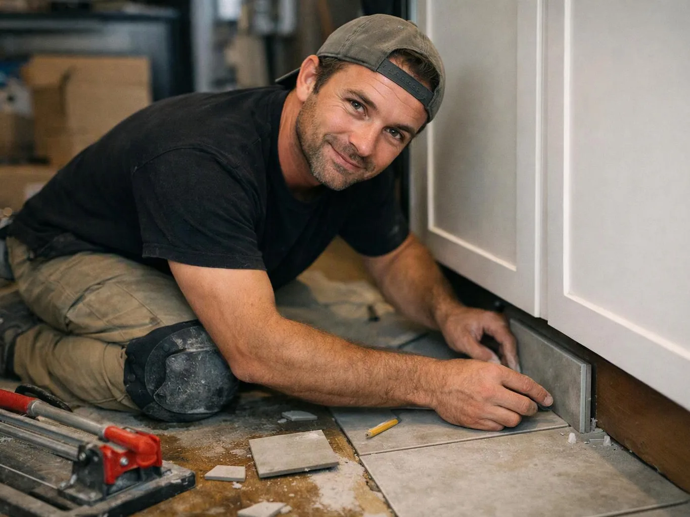 A man kneels on a tiled floor, fitting a tile beside white cabinets with tools nearby