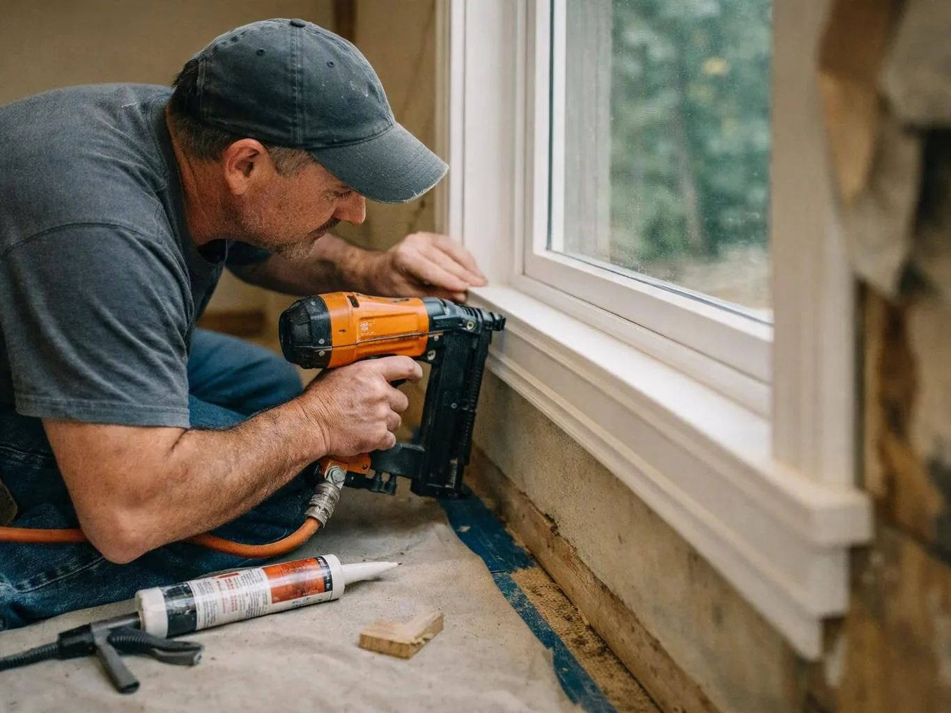 A man kneels by a window, using a nail gun to install white trim inside a room