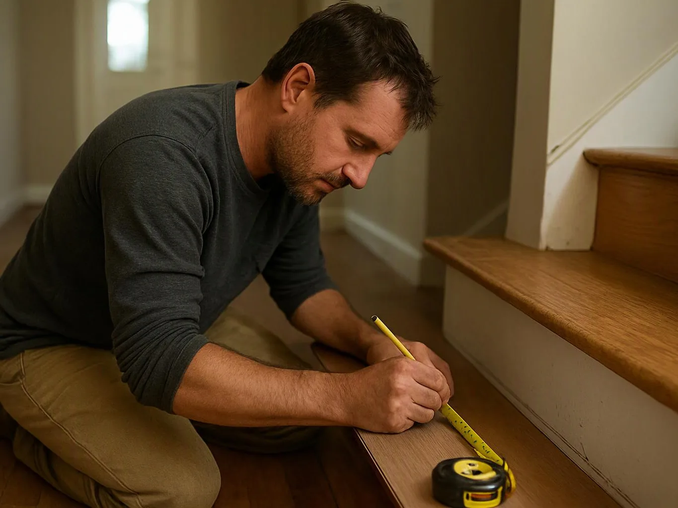 A man kneels on a wooden floor, measuring a stair tread with a tape measure and pencil