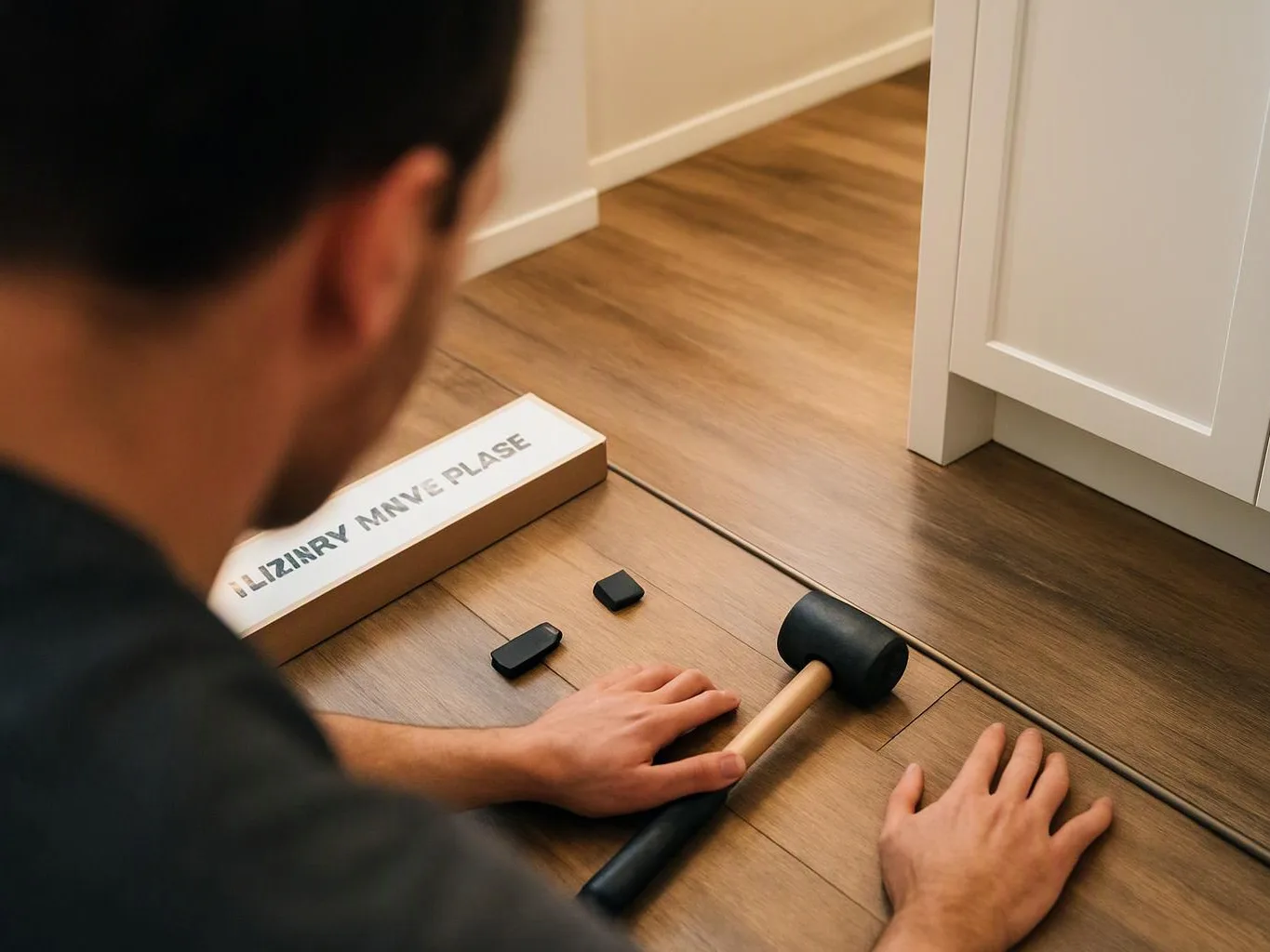 A man kneels on a wooden floor, reaching toward a black mallet and small blocks beside a labeled box