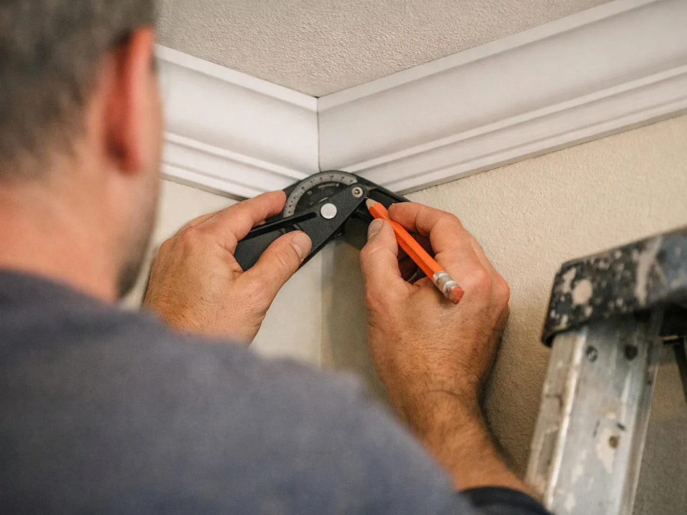 A man marks a wall corner with a pencil while holding a protractor beside a ladder indoors