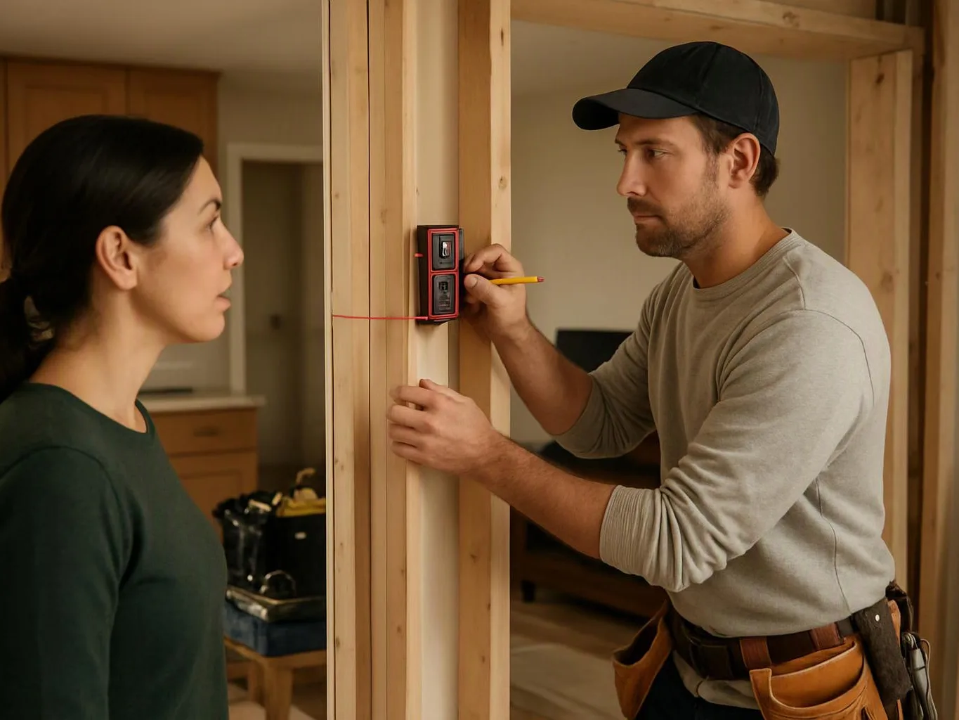 A man measures a wooden wall frame with a level while a woman watches in a room under construction