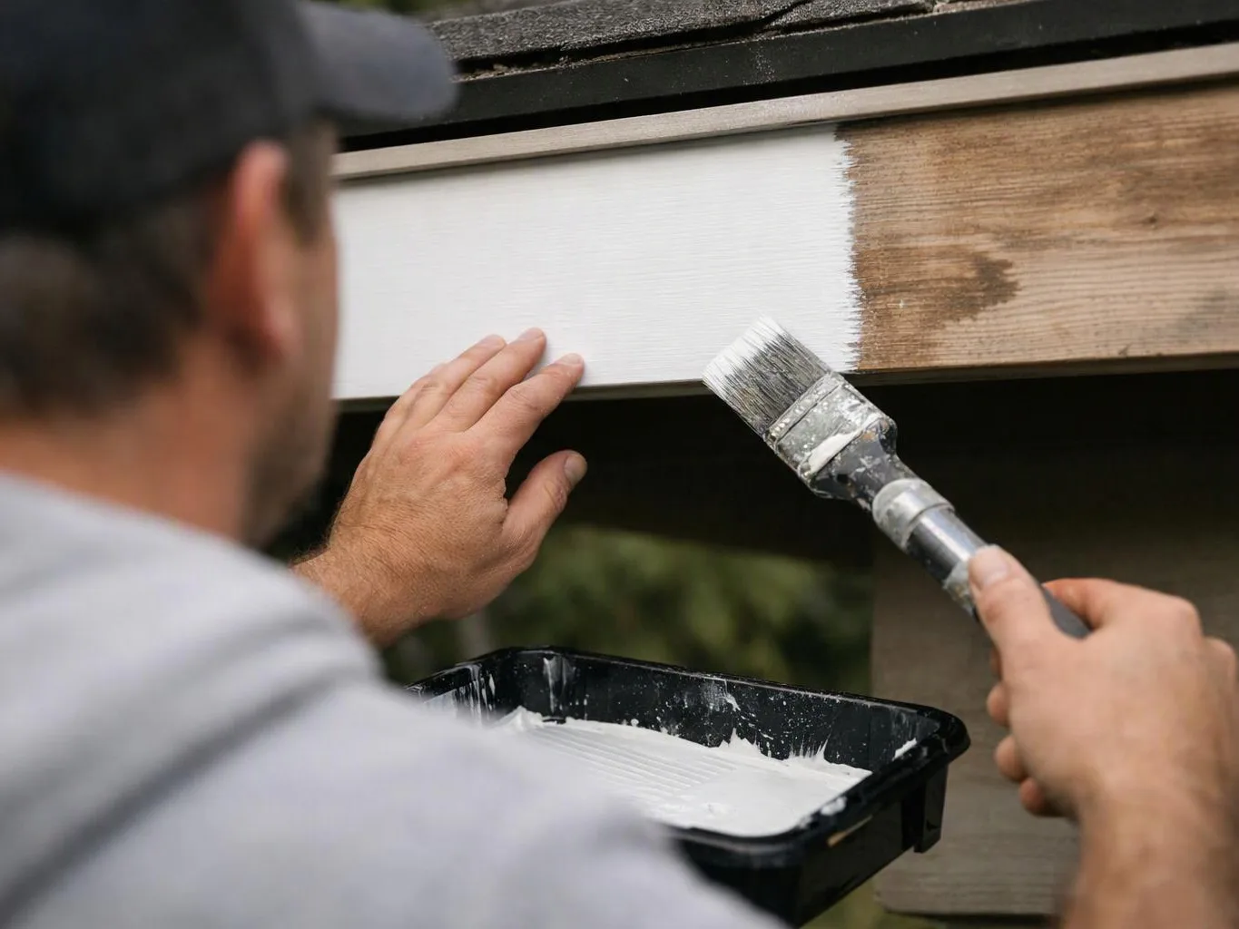 A man paints a wooden trim board white with a brush while holding a paint tray below