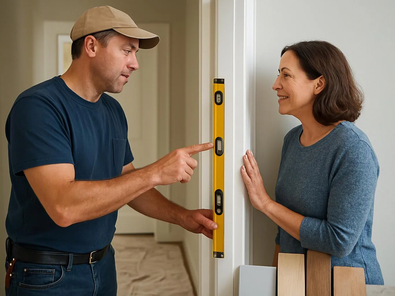 A man points at a level on a door frame while a woman watches in a bright room