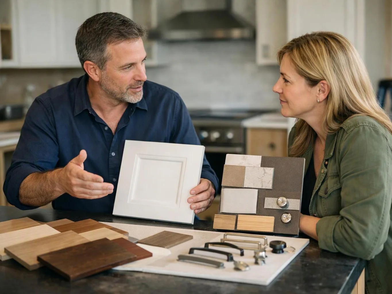 A man shows cabinet samples to a woman at a kitchen counter in a bright home interior