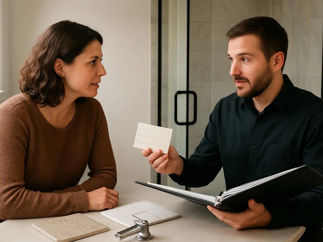 A man shows a card while speaking to a woman across a table in a bright room