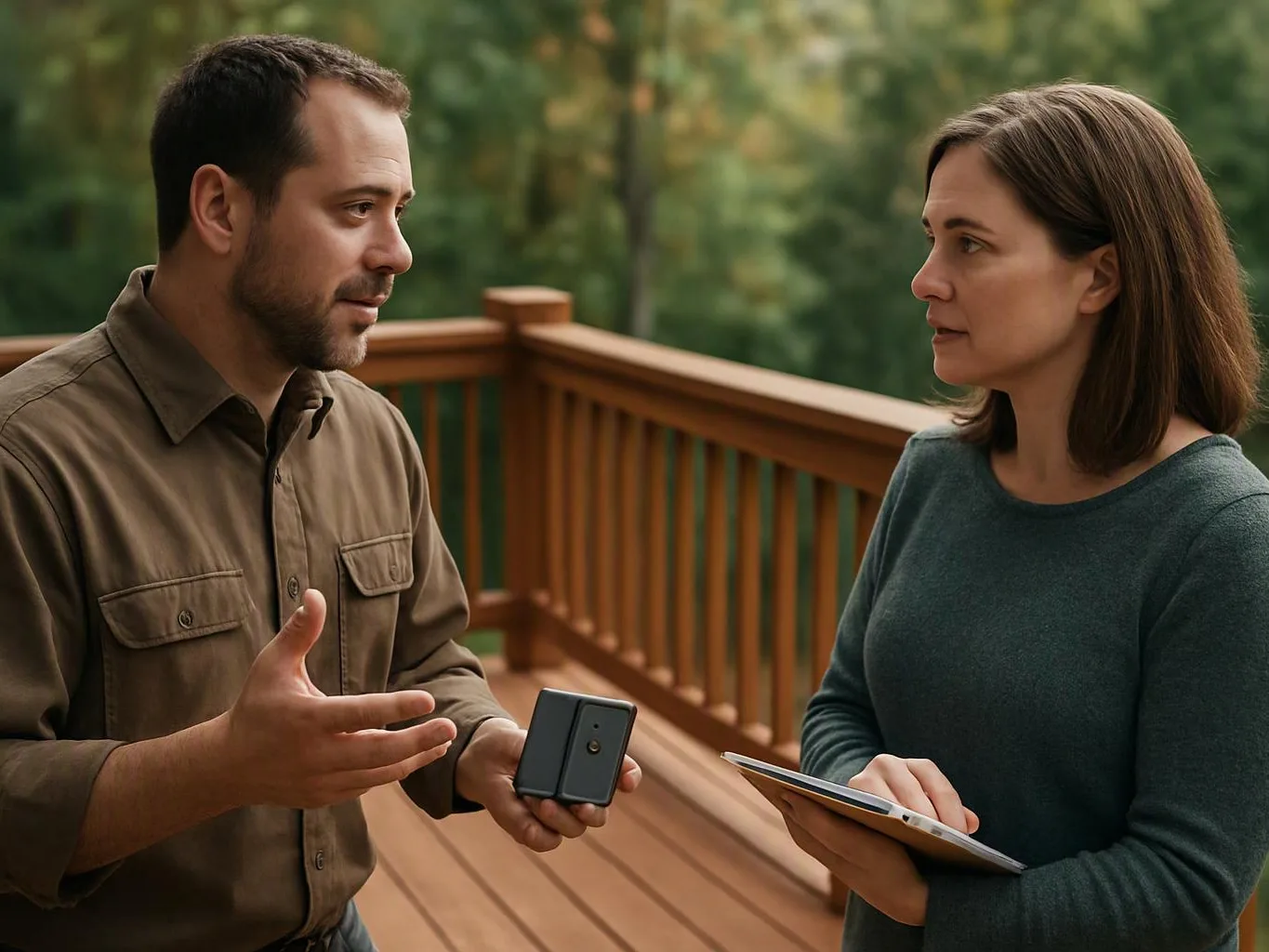 A man shows a small device to a woman holding a clipboard on a wooden deck outdoors