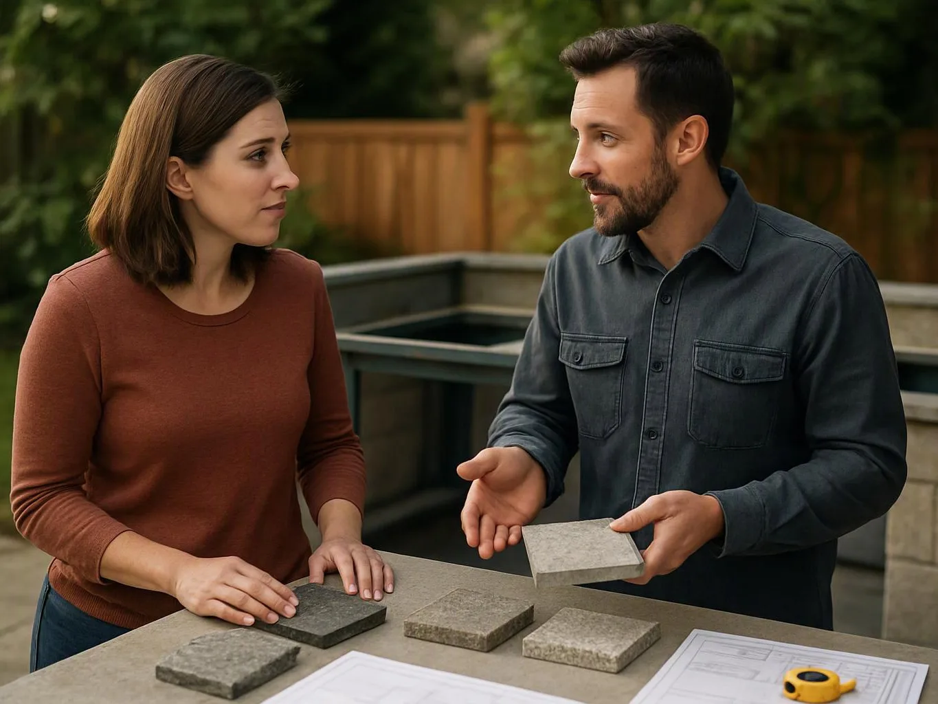 A man shows stone samples to a woman at an outdoor table with plans and yard greenery behind them