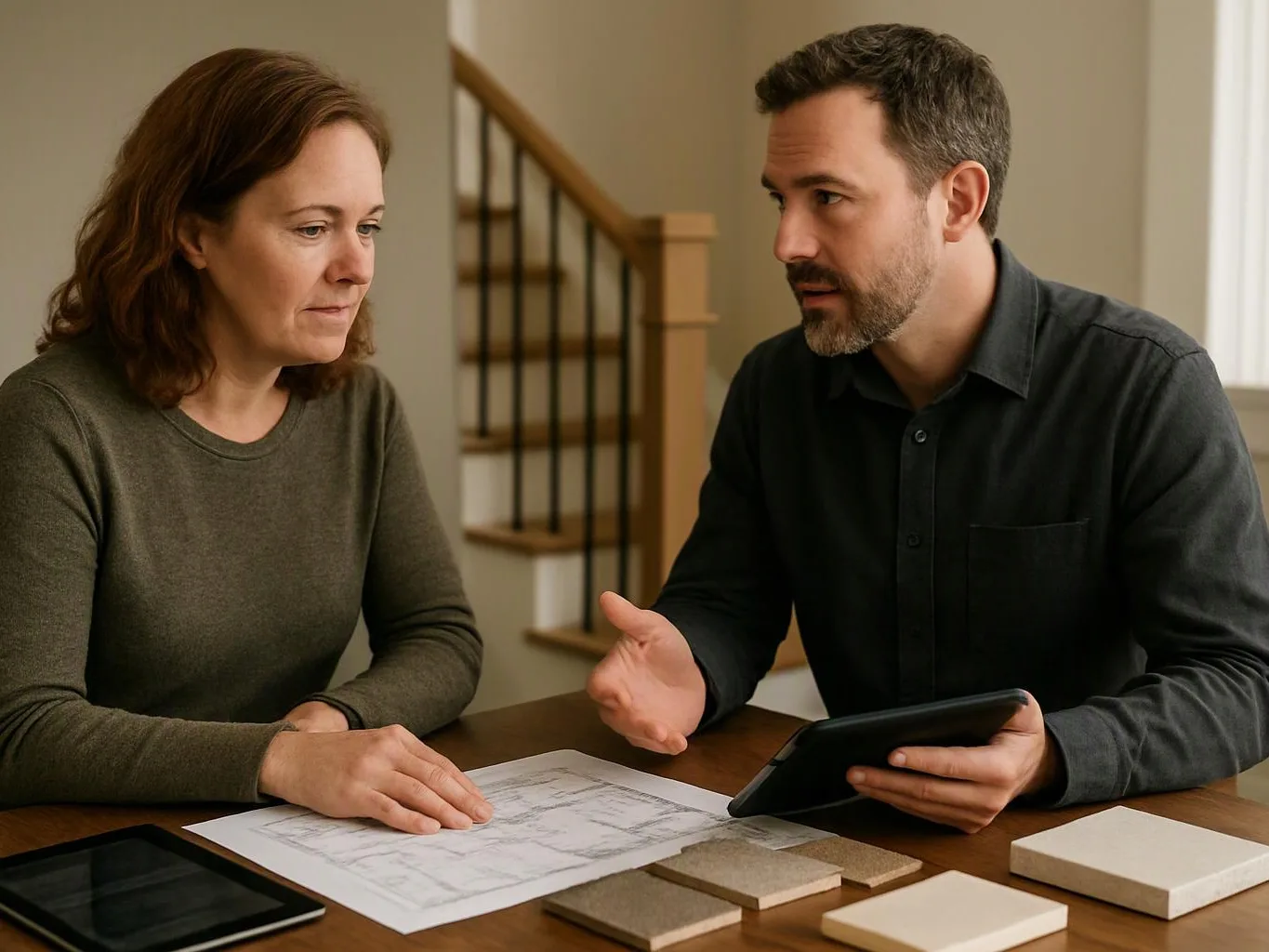 A man shows a tablet to a woman at a table with papers and sample tiles in a home interior