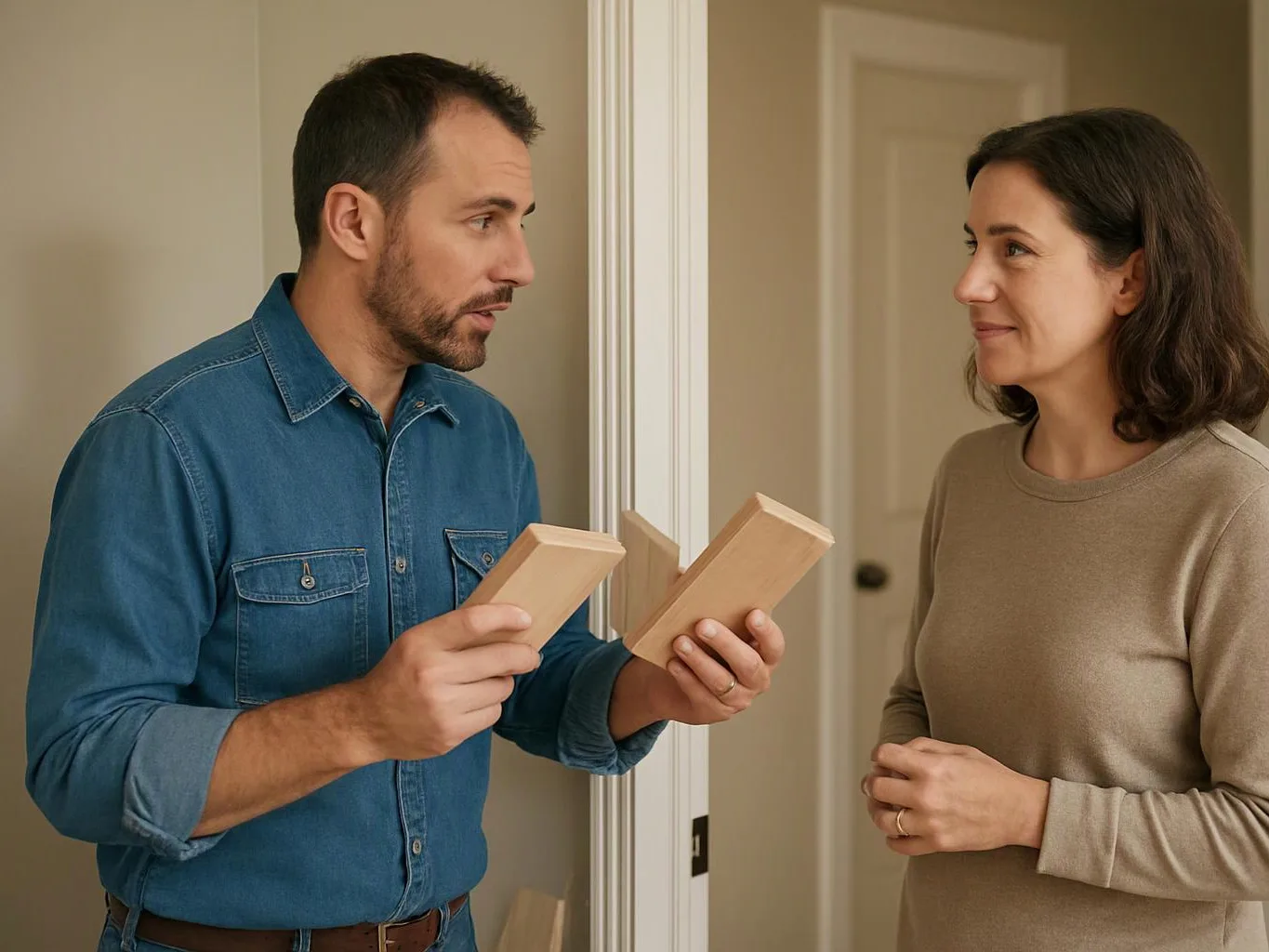 A man shows two wood samples to a woman in a hallway inside a home
