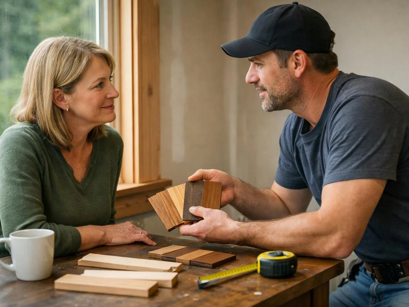 A man shows wood samples to a woman at a table beside a window in a bright room