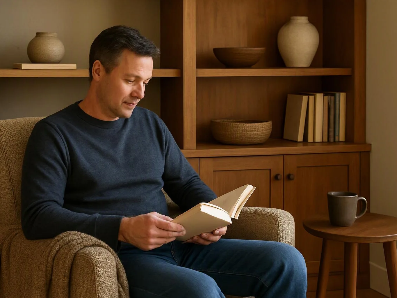 A man sits in an armchair reading a book beside a mug and wooden shelves with vases and books
