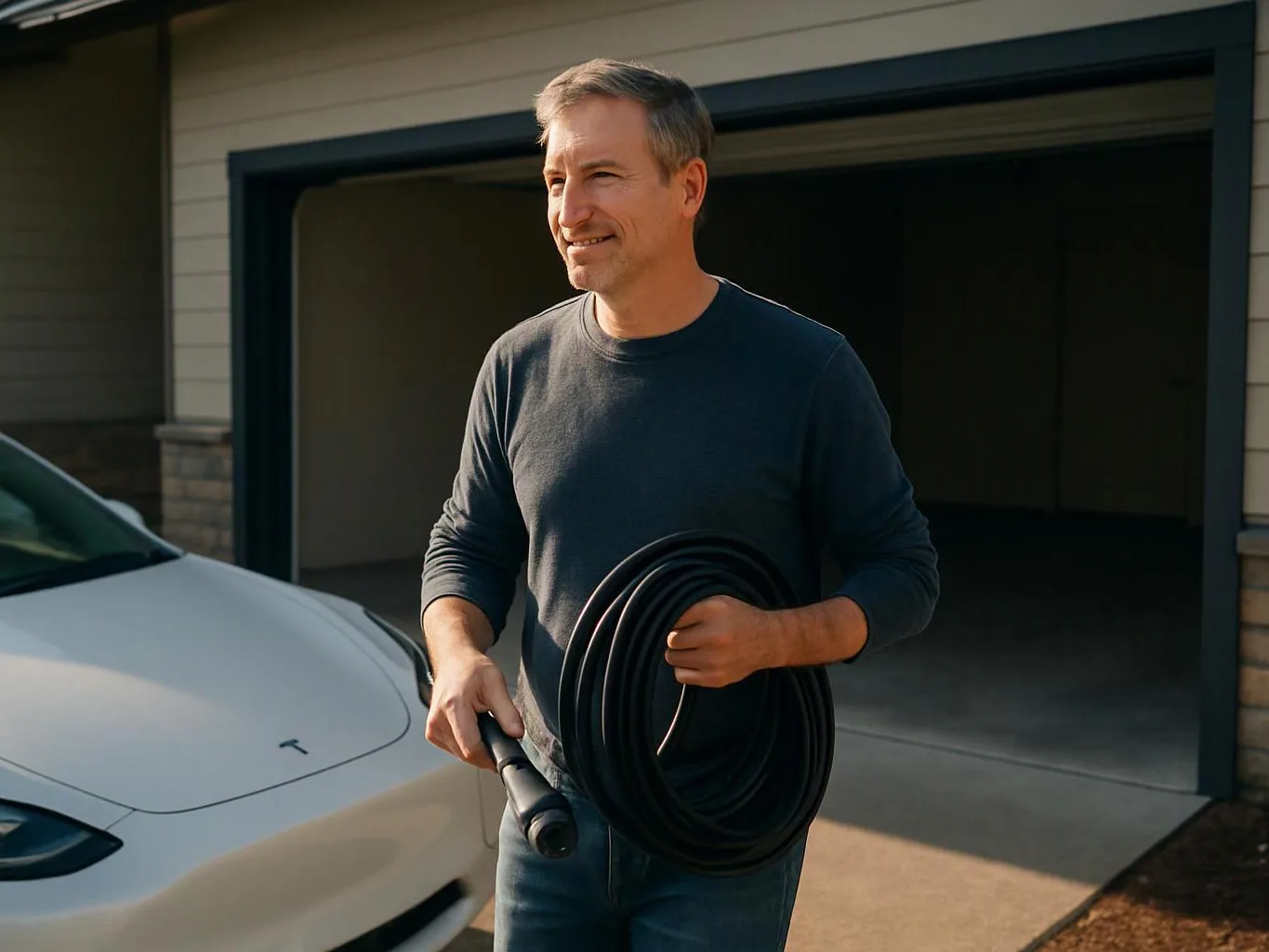 A man stands in a driveway holding a coiled charging cable beside a white electric car and open garage