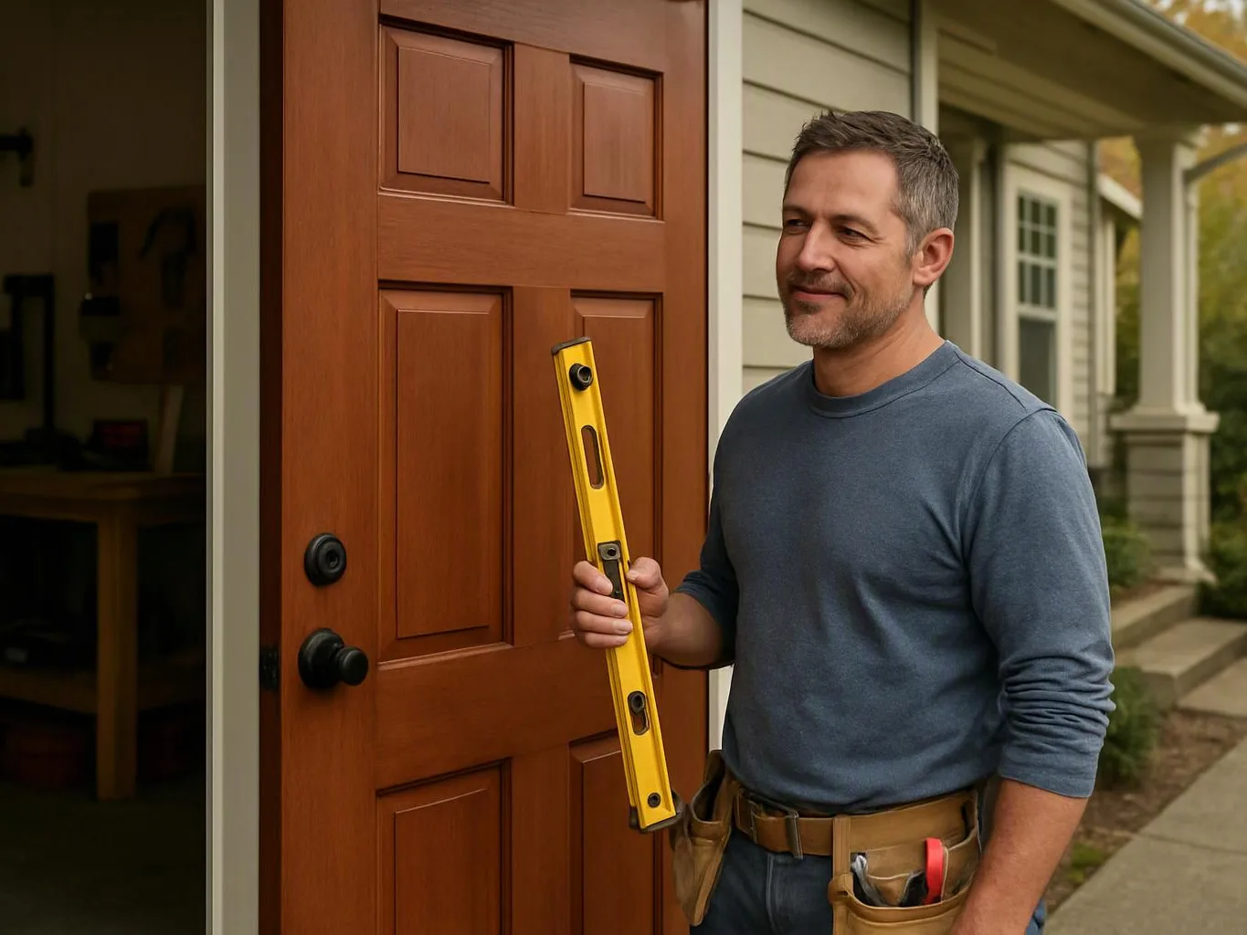 A man stands by a house doorway holding a yellow level beside a wooden front door