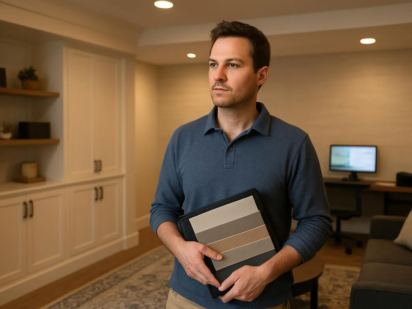 A man stands in a warm living room holding a paint color swatch board
