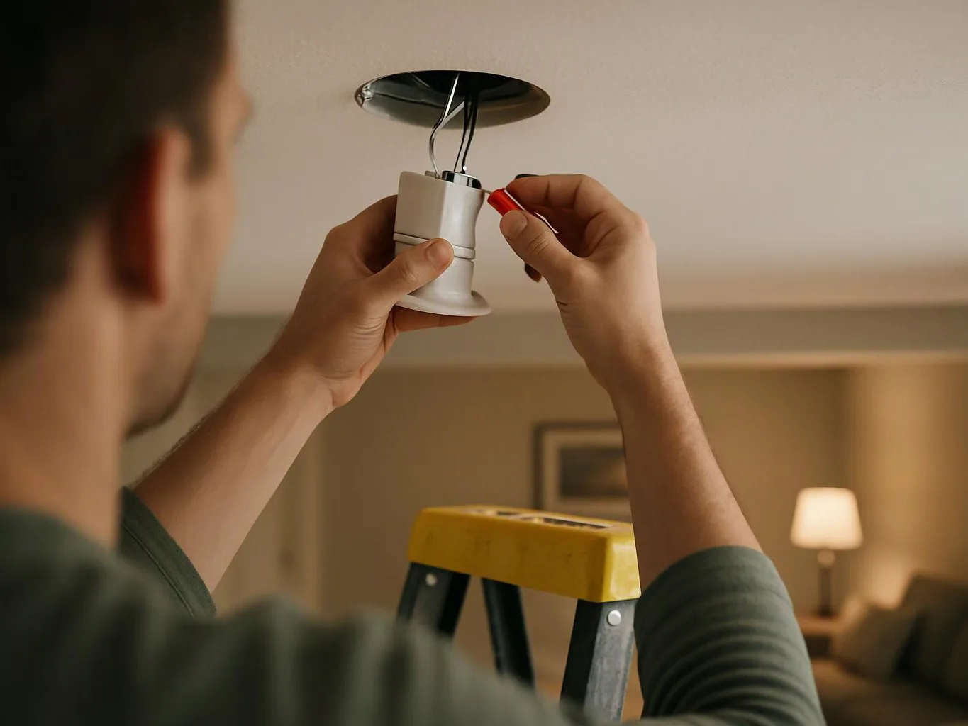 A man on a step ladder installs a ceiling light fixture in a living room