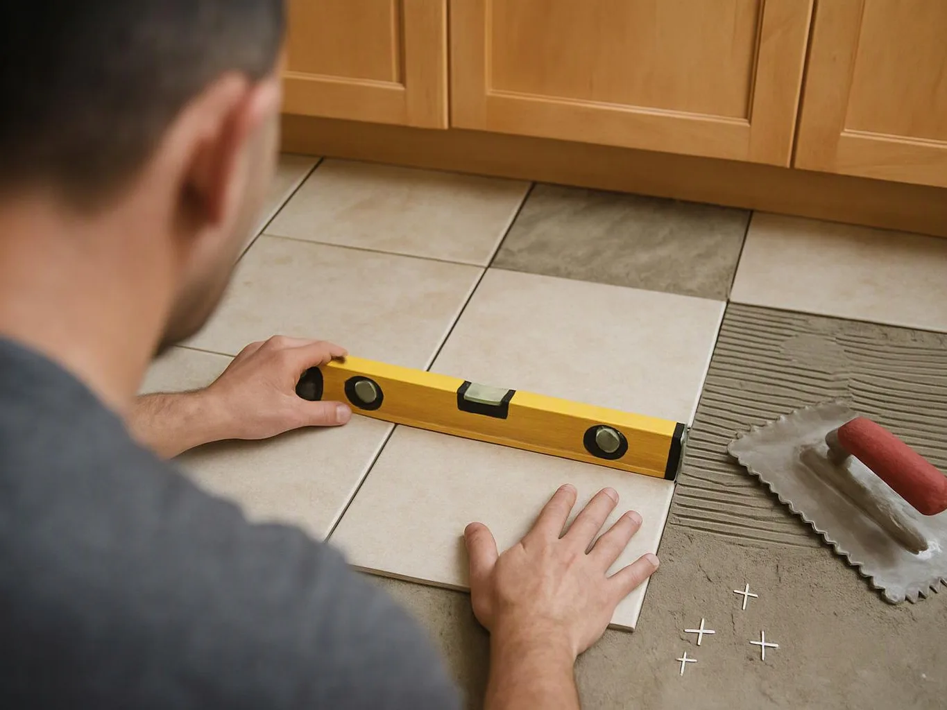 A man uses a level to check floor tiles beside a notched trowel on tile adhesive
