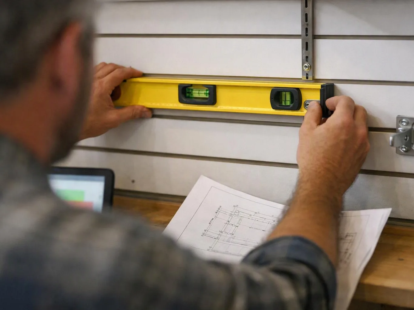 A man uses a yellow spirit level on a wall panel while holding blueprints at a workbench
