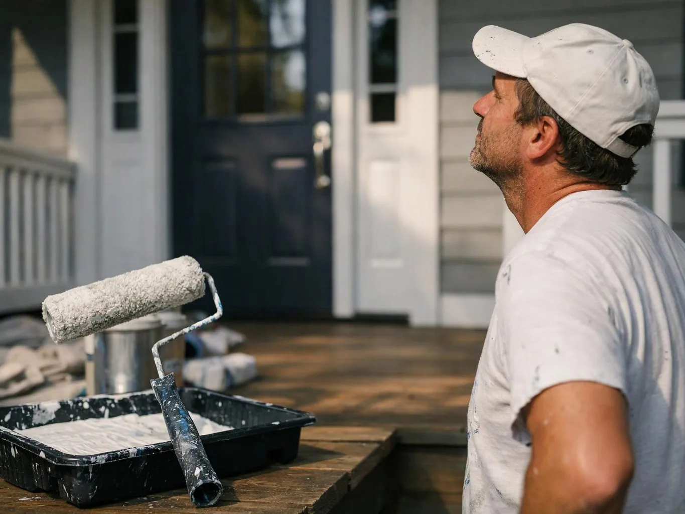 A man in a white cap looks at a paint roller and tray on a wooden porch steps