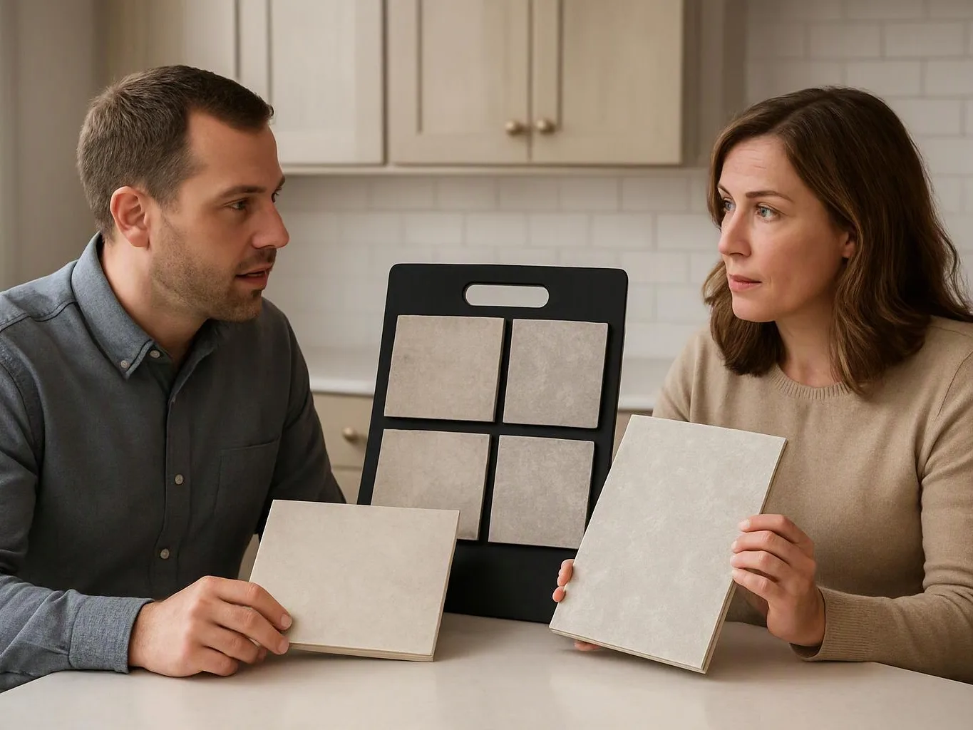 A man and woman compare tile samples at a kitchen table with cabinets and a sample board behind them