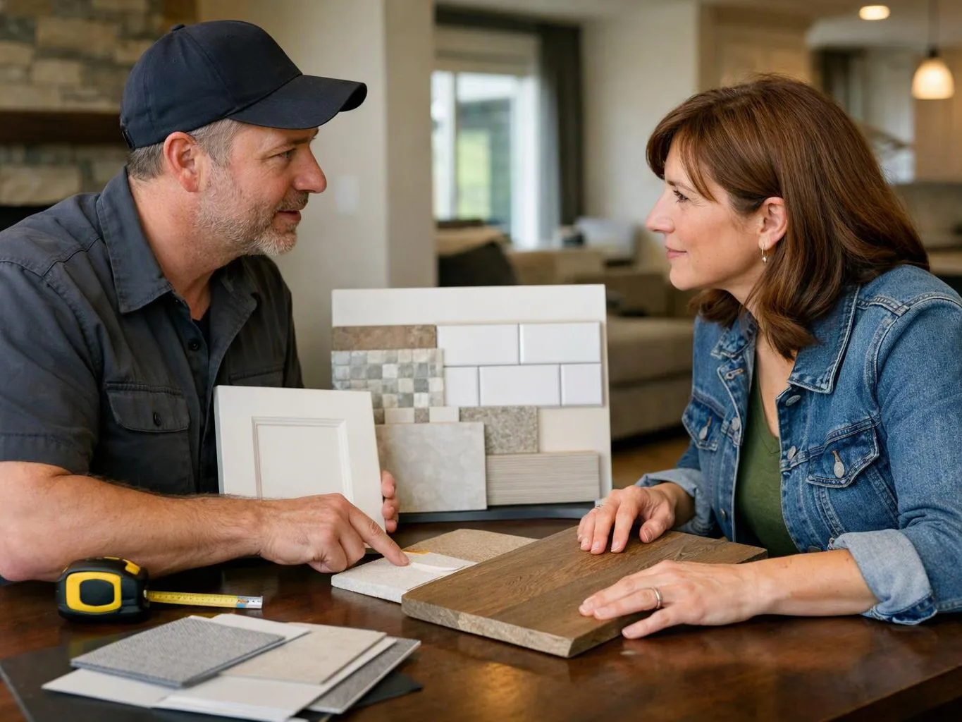 A man and woman compare tile and wood samples at a table in a bright living room