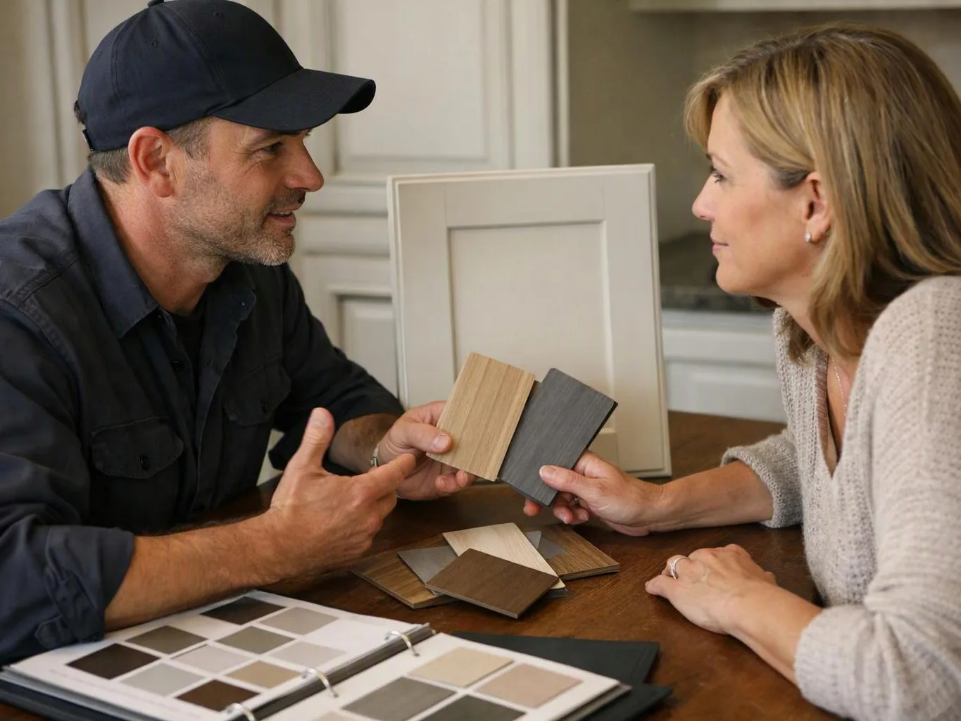 A man and woman compare wood and paint samples at a table in a bright room