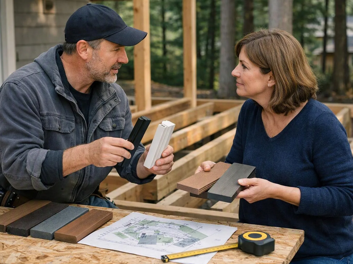 A man and woman compare wood samples at a construction site beside a floor plan and tape measure