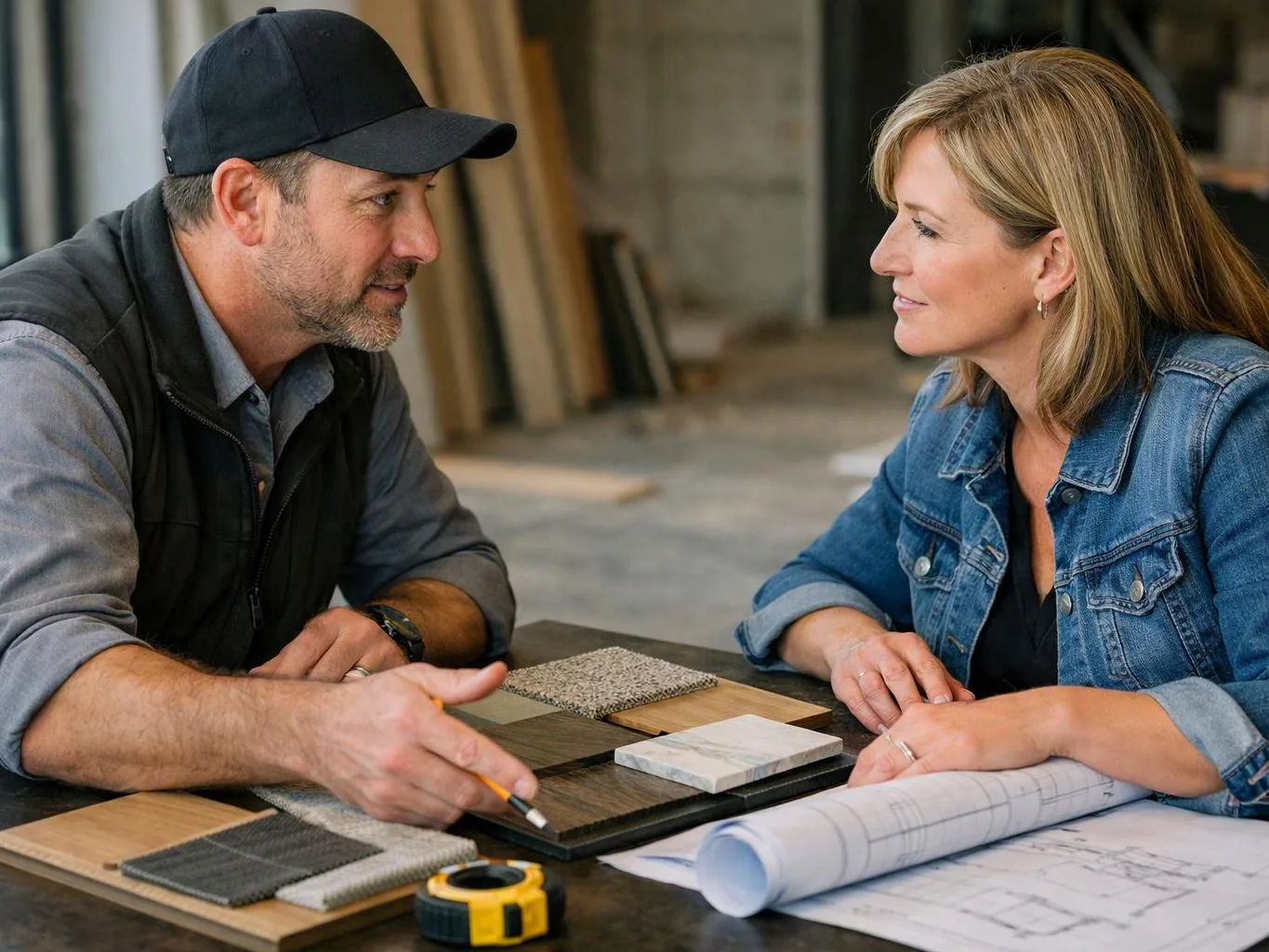 A man and woman study flooring samples and rolled plans at a table in a workshop