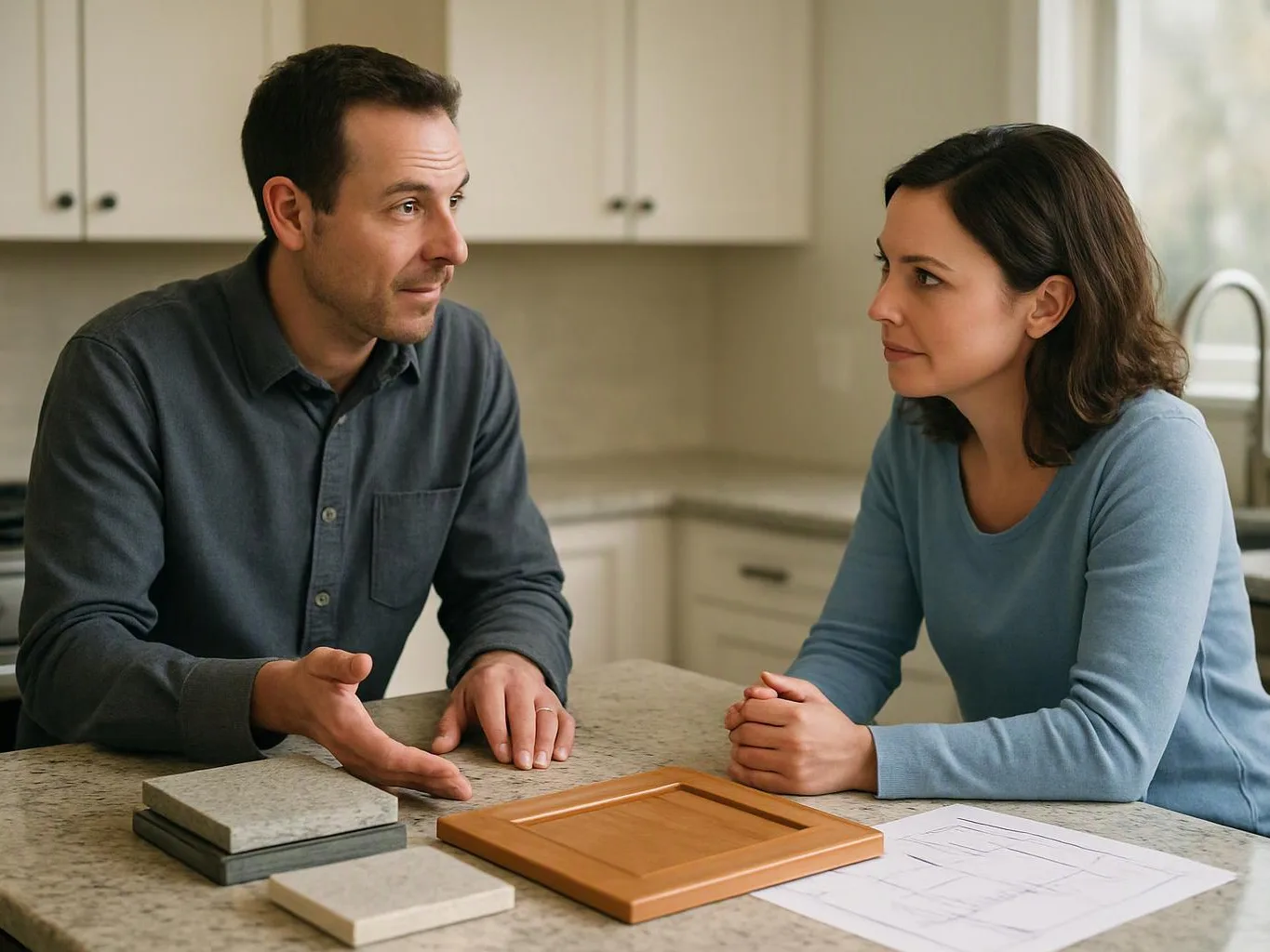 A man and woman talk across a kitchen island beside cabinet samples and a floor plan sketch