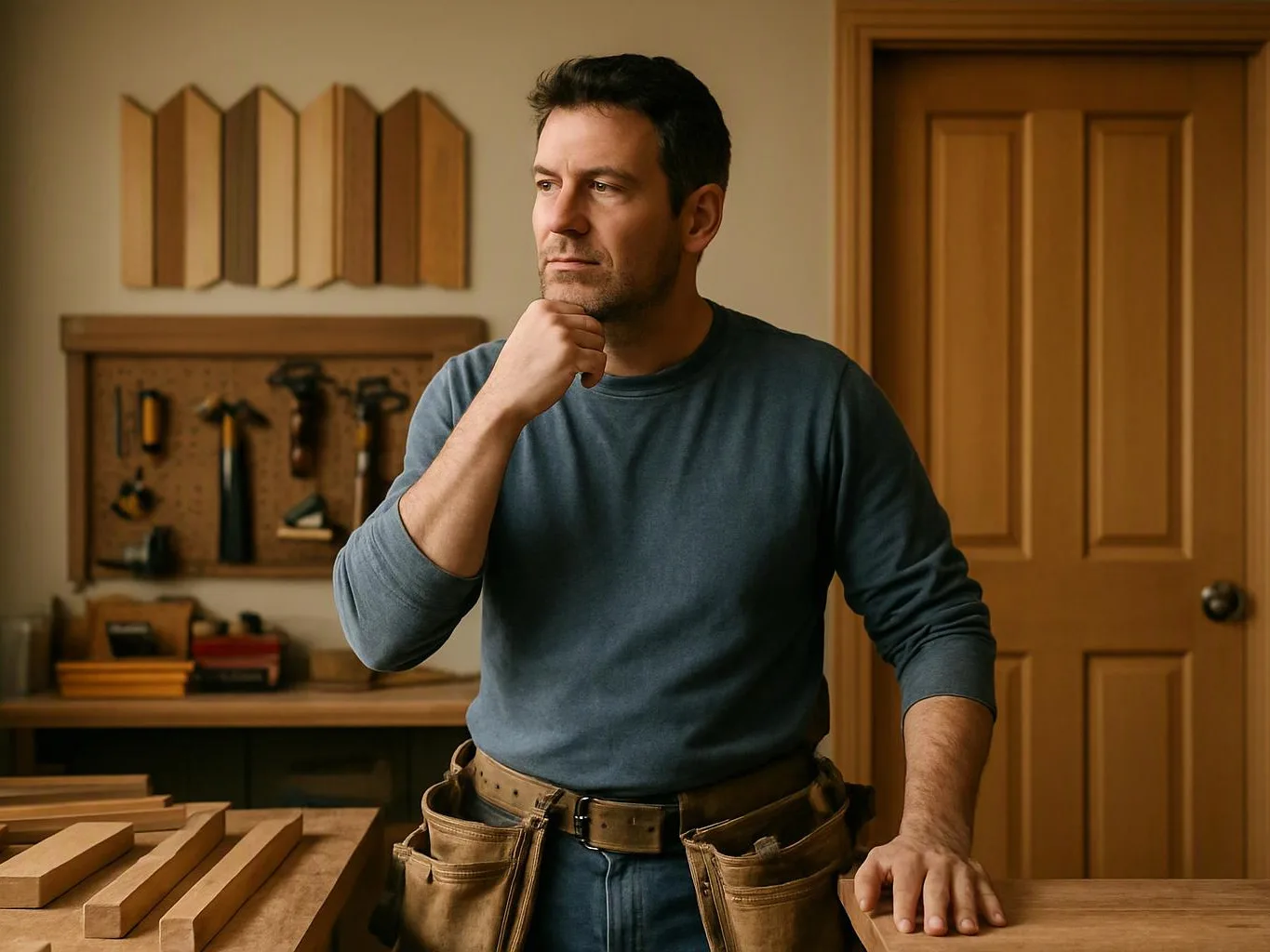 A man in a workshop rests his chin on his hand beside a table of wood pieces