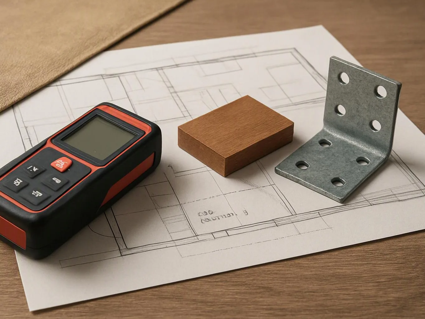 A measuring device, wooden block, and metal bracket rest on top of a floor plan on a wooden desk