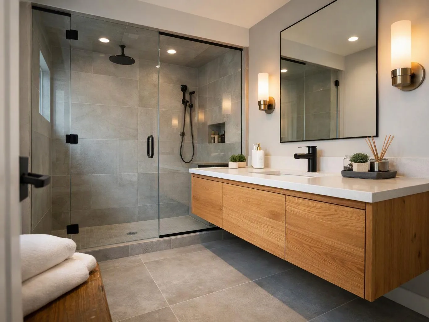 A modern bathroom shows a glass shower, floating wood vanity, large mirror, and soft wall lights