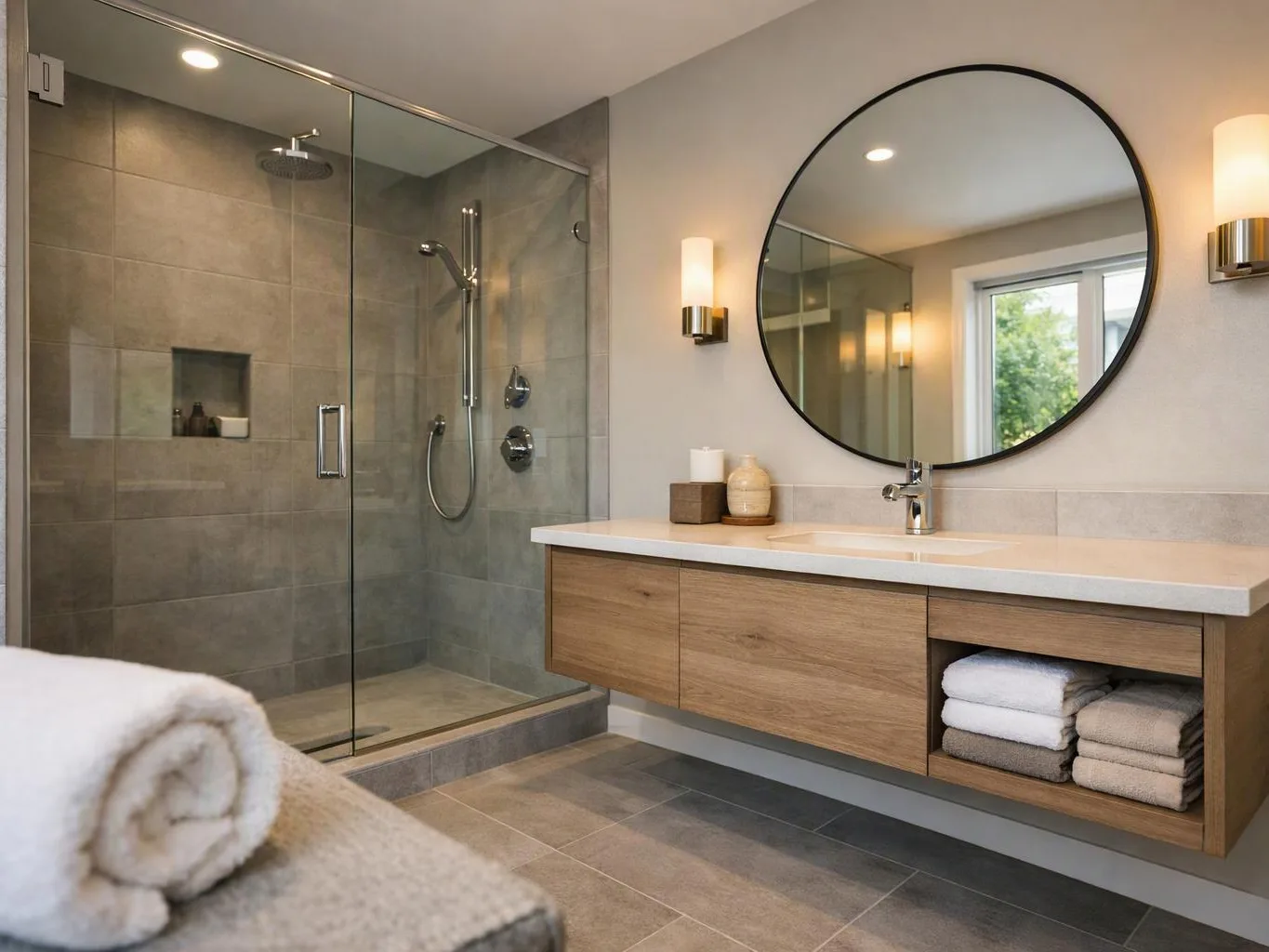 A modern bathroom shows a glass shower, floating wood vanity, round mirror, and neatly folded towels
