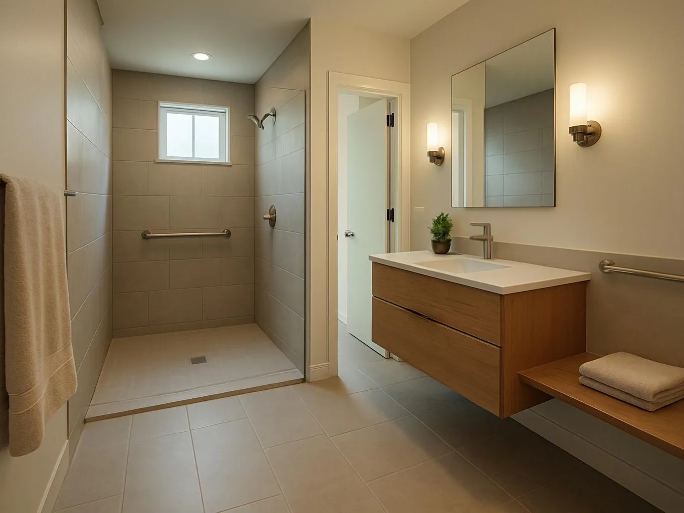 A modern beige bathroom shows a walk-in shower, floating wood vanity, mirror, and folded towels